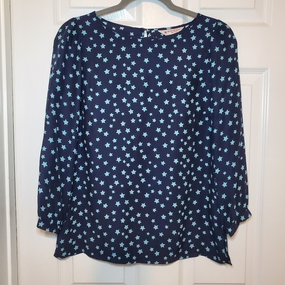 Brooks Brothers 6 Large Top Shirt Blouse 100% SILK Stars Blue Career Casual